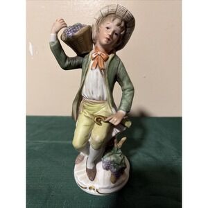Homco Bisque Porcelain Figurine # 1258 Boy Man Grapes Carrying Basket Multicolor